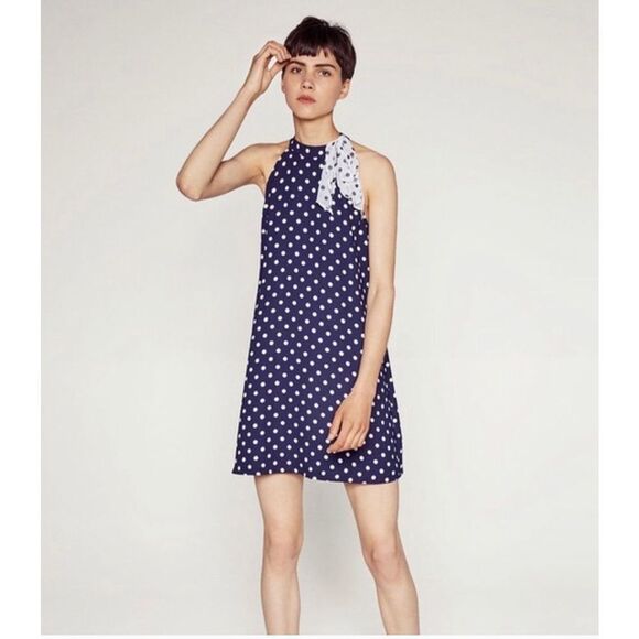 Pre-loved - Zara Halted Navy Blue Polka-dot Dress  - Xtra-Small - Picture 1 of 13